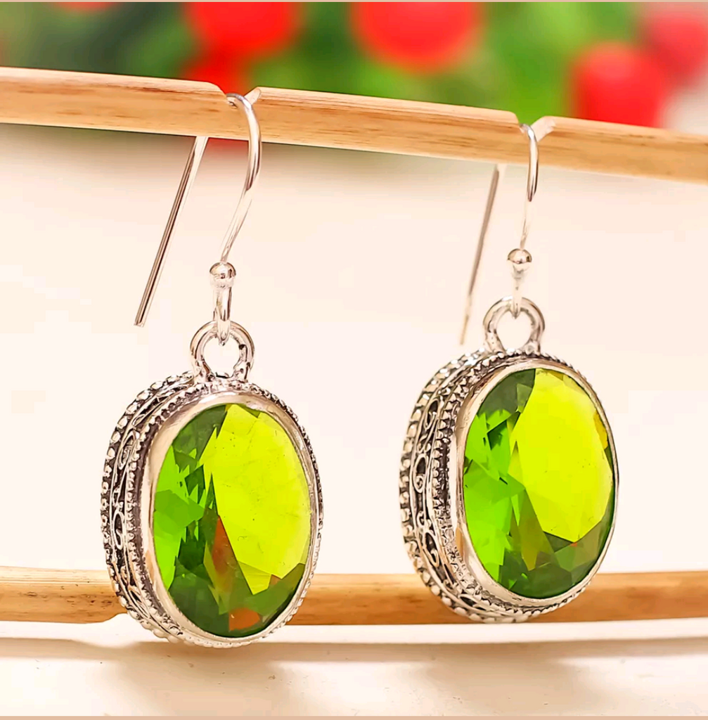 Silver, green peridot earrings