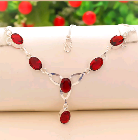 Silver, red garnet necklace