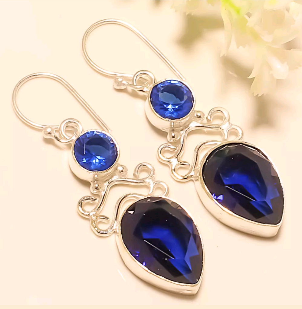 Silver, blue sapphire earrings