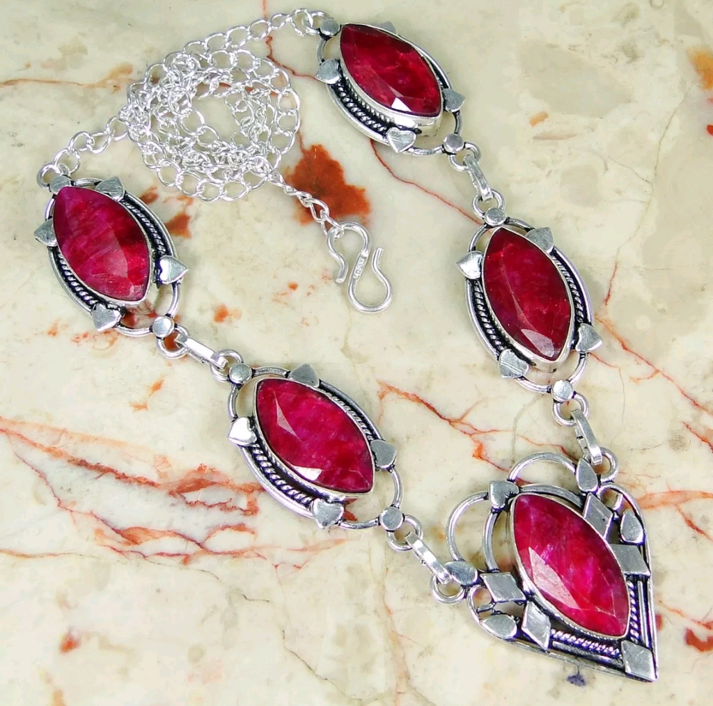 Silver, natural ruby necklace