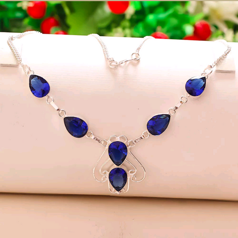 Silver, blue sapphire necklace