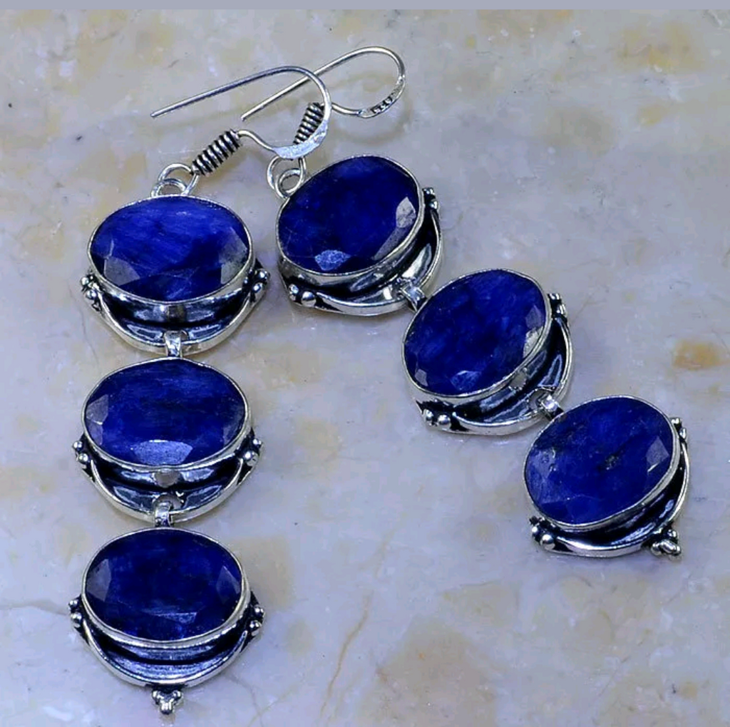 silver, natural sapphire earrings